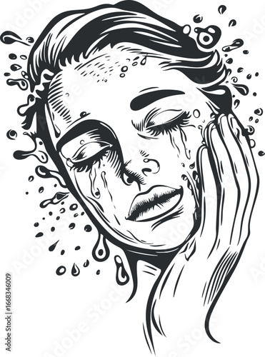 Black and white illustration of a crying woman with tears dripping down her face and hand touching cheek