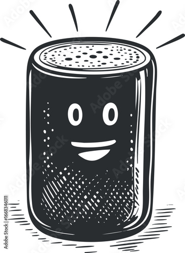 Black and white sketch illustration of a smart speaker with a friendly smiling face and sound waves