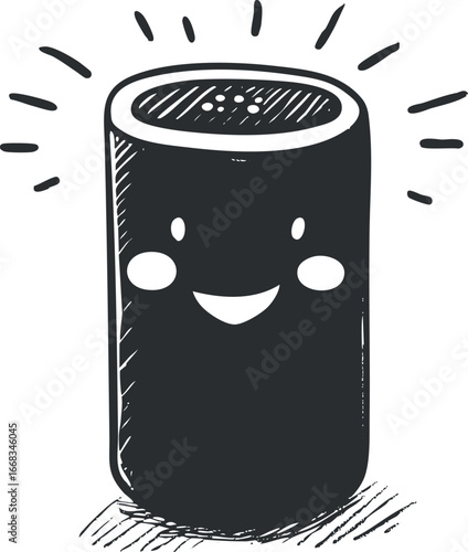 Black and white hand drawn illustration of a happy smart speaker with a smiling face and rays around it symbolizing voice assistant technology and smart home device