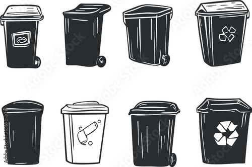 Set of black and white hand-drawn trash bins and recycling containers with wheels and lids