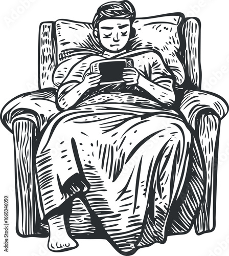 Black and white illustration of a person sitting comfortably in a chair using a tablet with a blanket covering their legs.