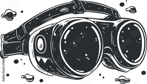 Black and white vector illustration of futuristic space goggles designed for astronaut exploration.