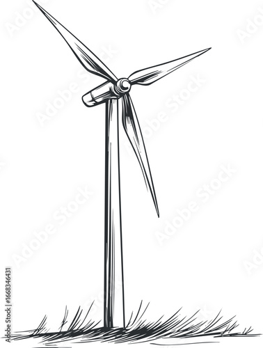 Black and white sketch illustration of a single wind turbine generating renewable energy in an open field