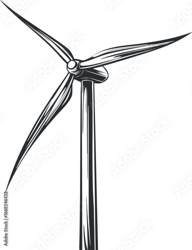 Black and white illustration of a wind turbine with three blades generating renewable wind energy