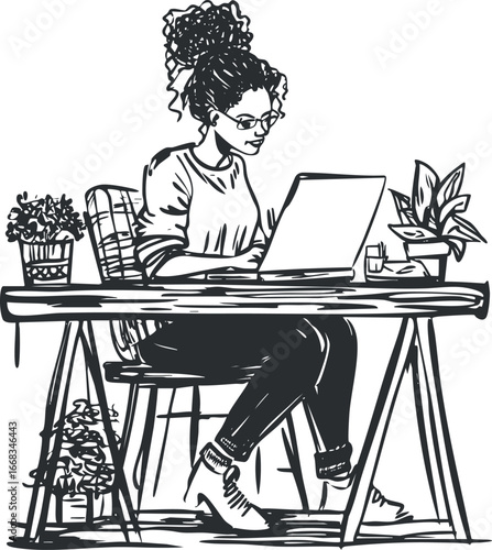 Young woman working on laptop at desk with plants in modern home office environment