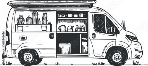 Black and white sketch illustration of a camper van with open side door revealing indoor kitchen and plants