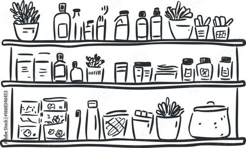 Hand-drawn illustration of shelves with various bottles containers plants and household items for storage and organization