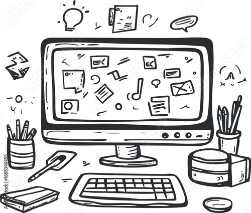 Hand-drawn illustration of a desktop computer setup on an office desk with keyboard, monitor showing various icons, pencils and stationery items.