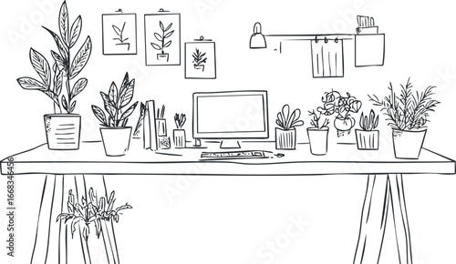 Black and white line drawing of a workspace with computer and various potted plants on a desk