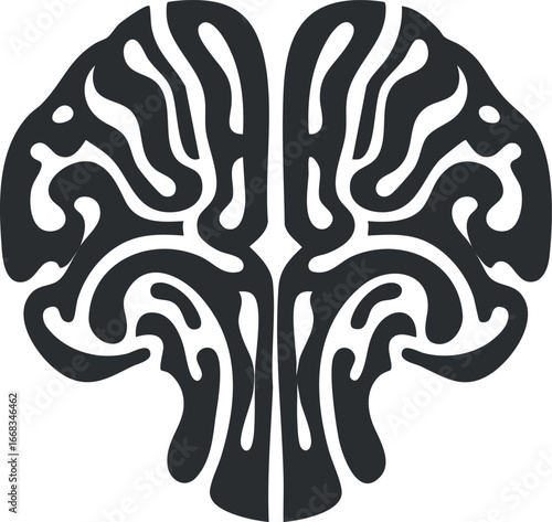 Stylized black and white illustration of a human brain showing brain structure and anatomy