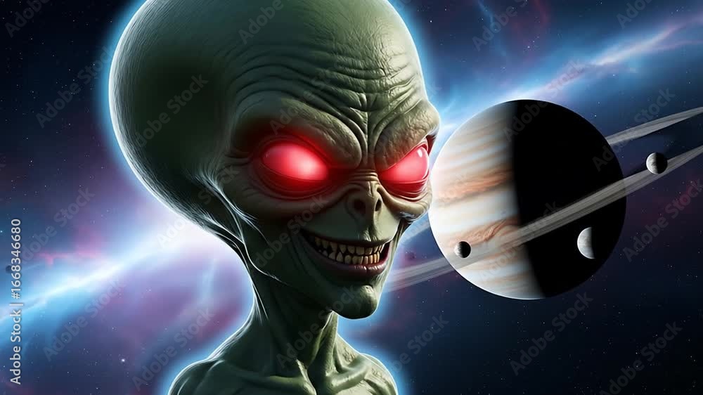 3d animation of alien with glowing red eyes near ringed planet with moons in outer space.