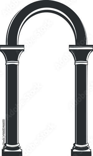 Black and white illustration of a classical architectural arch supported by two decorative columns
