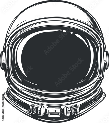 Black and white vector illustration of an astronaut helmet front showing detailed lines and visor design