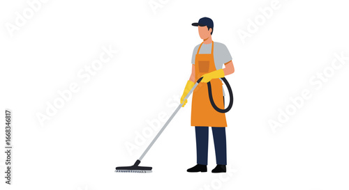 man wearing apron and cap using vacuum cleaner for cleaning