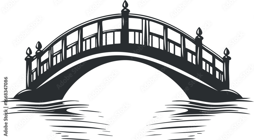 Obraz premium Black and white illustration of an arched bridge with railings over water reflecting below