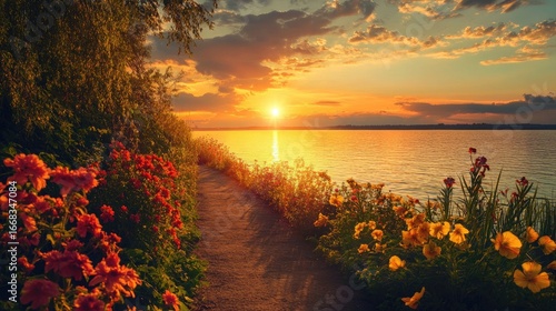 Fototapeta Naklejka Na Ścianę i Meble -  scenic sunset view along a waterfront pathway with flowers