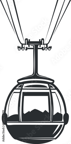 Black and white illustration of a cable car gondola transporting passengers over mountains for skiing and tourism