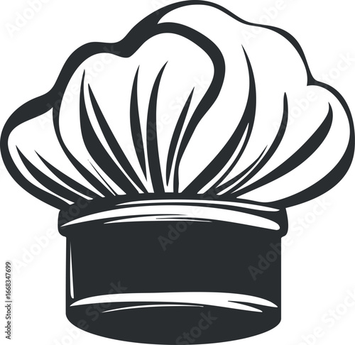 Black and white illustration of a chef hat symbolizing cooking, culinary arts, and professional kitchen wear.