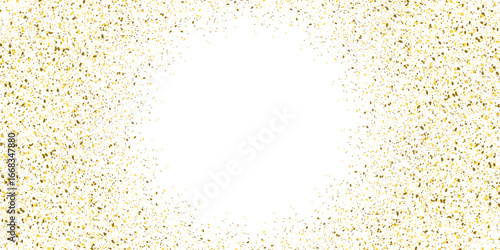 Golden glittering dust particles on white background. Shining falling lights of golden dust. Abstract luxury golden confetti border.	