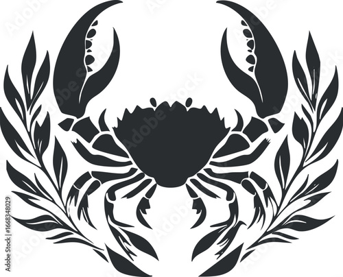 Black silhouette of a crab with large claws surrounded by seaweed leaves on a white background