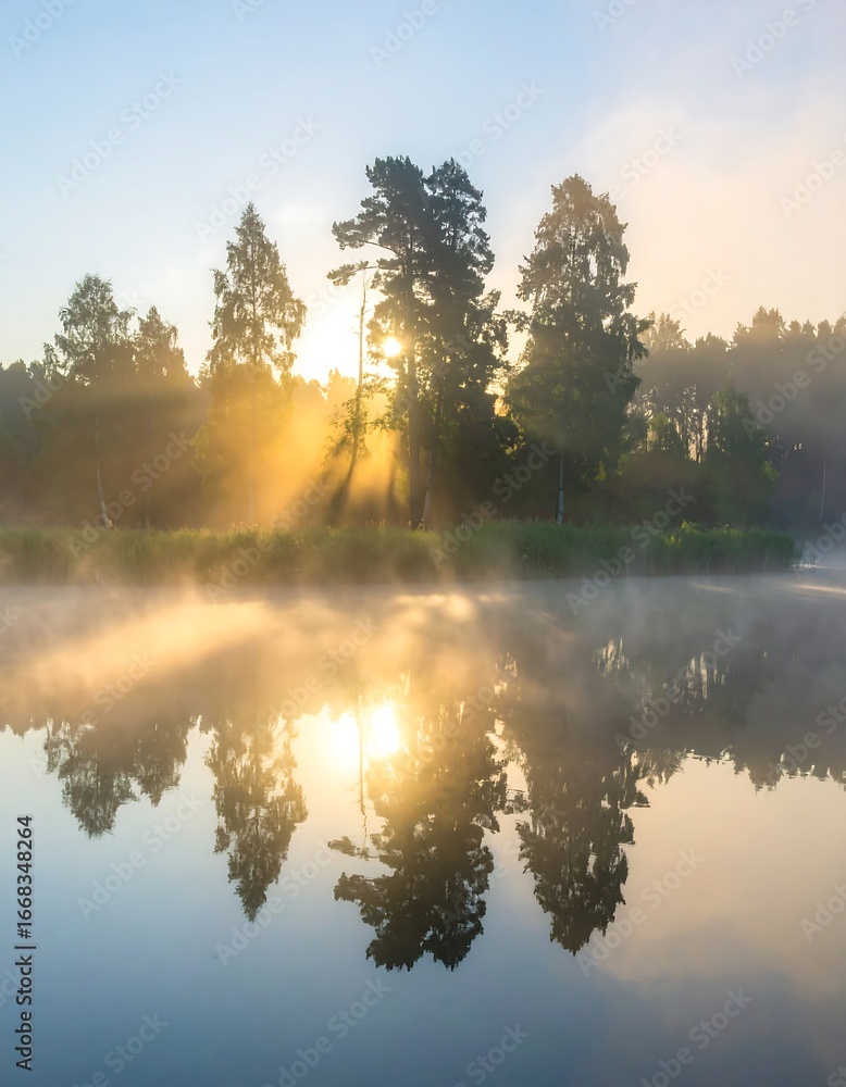 Fototapeta premium A serene sunrise over a tranquil lake, bathed in golden light, casting ethereal reflections on the still water.