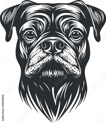 Black and white vector illustration of a dog's face with detailed fur and expressive eyes
