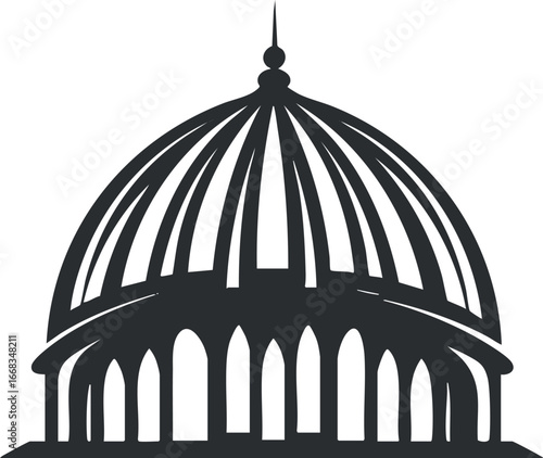 Silhouette illustration of a dome architectural structure with arches and pillars in black and white