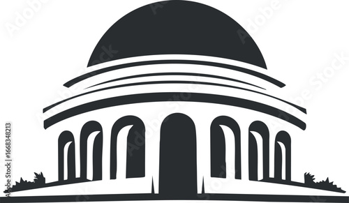 Black and white vector illustration of a historic building with a large dome and arched windows