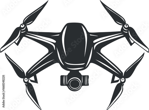 Black and white illustration of a quadcopter drone equipped with a camera for aerial photography and surveillance