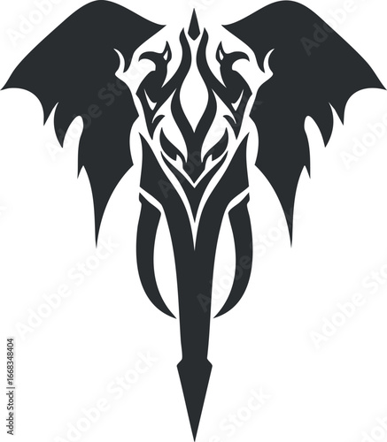 Black tribal dragon silhouette with large wings and fierce eyes in fantasy style illustration