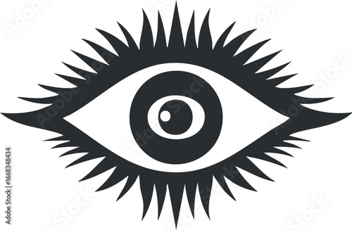 Black and white graphic illustration of an eye with sharp lashes and detailed pupil symbolizing vision and focus