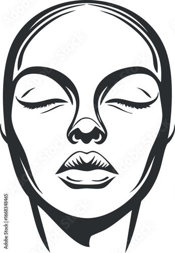 Stylized black and white illustration of a serene female face with closed eyes and calm expression