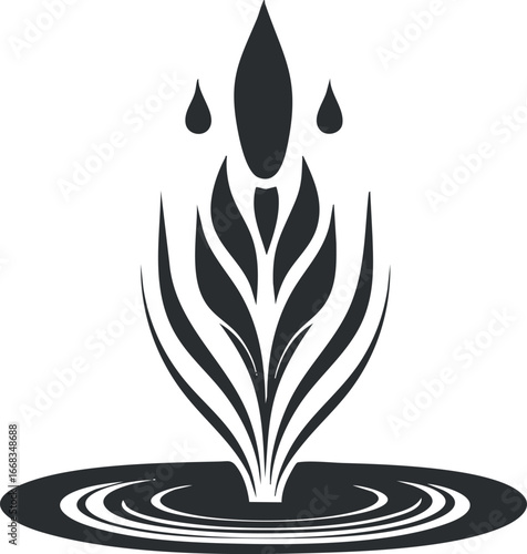 Abstract black and white illustration of water splash with drops and ripples on a white background