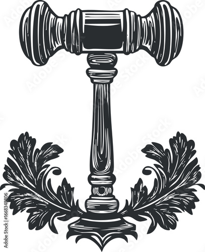 Black and white illustration of a judge's gavel with decorative leaves symbolizing law and justice