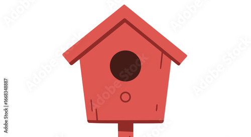 Illustration of a cute red birdhouse with a round entrance and a simple design for avian friends habitat on transparent background