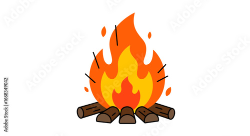 Cartoon bonfire campfire flame firewood heat light logs orange outdoor recreation warm yellow burning on transparent background