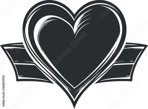 Black grunge heart symbol with a ribbon banner for vintage love and romantic design