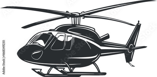 Black silhouette illustration of a helicopter with visible rotor blades and cockpit windows