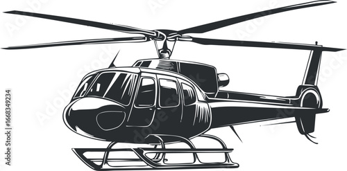 Black and white helicopter illustration showing detailed rotor and cockpit from side view