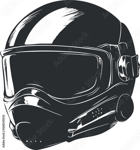 Black and white illustration of a futuristic motorcycle helmet with a large visor and protective mask