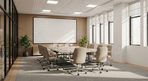 Modern Empty Conference Room with Large Projection Screen, Natural Light, and Wood Accents