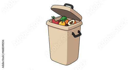 Food waste compost bin organic garbage recycle container kitchen leftovers cartoon illustration eco friendly on transparent background