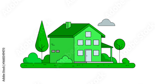 Illustration of a house with trees and a cloud in a cartoon style vector graphic design on transparent background