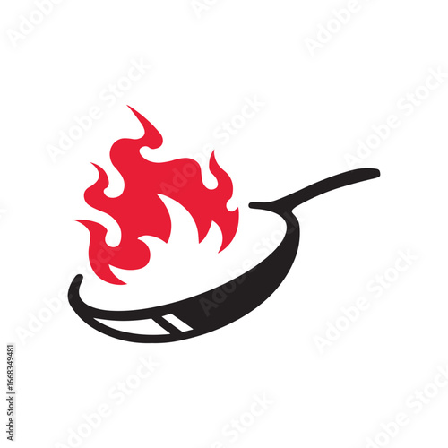 Flame frying pan logo concept. Cast iron frying pan design illustration, vector.