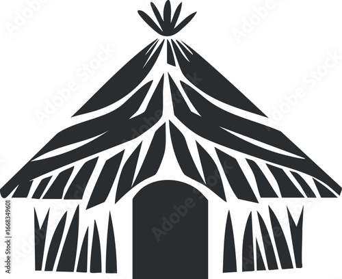 Black and white illustration of a traditional tribal hut with a thatched roof and arched entrance