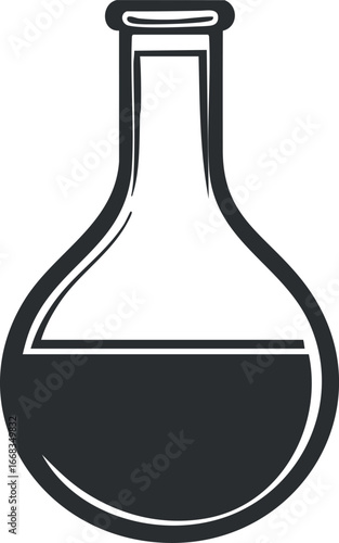 Black and white icon of a chemistry flask partially filled with liquid, used in laboratory experiments and scientific research.