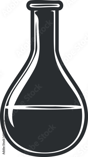 Black and white illustration of a round-bottom laboratory flask partially filled with liquid used for scientific experiments and research