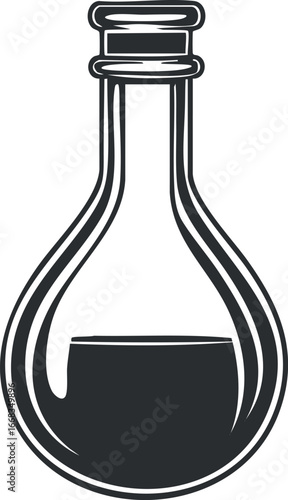 Black and white illustration of a round-bottom laboratory flask partially filled with liquid used in scientific experiments