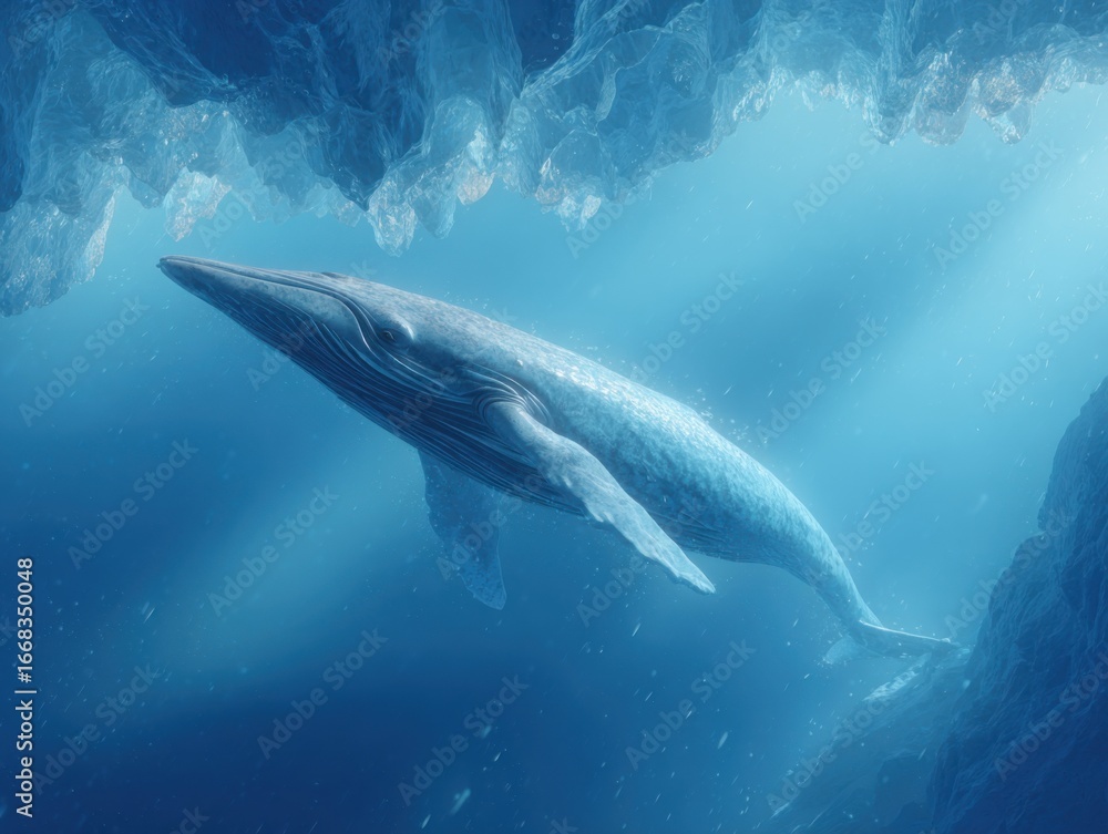 Obraz premium Majestic Whale Swimming Gracefully in Deep Blue Ocean Waters Surrounded by Sunlight Creating a Tranquil and Awe Inspiring Marine Scene of Nature