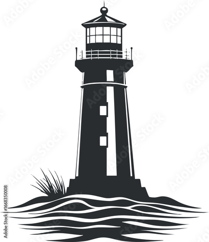 Black and white silhouette illustration of a lighthouse standing on a rocky shore with waves and grass.